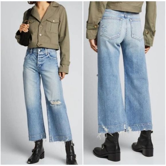 Trave Denim - Trave Audrey wide leg high rise cropped distressed jeans, medium wash, sz 26